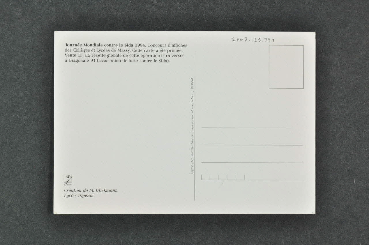 Mairie De Massy carte postale "Pour lutter contre le sida utiliser le préservatif" Haute-Normandie, France 1994 2003.125.391 Photo Mucem
