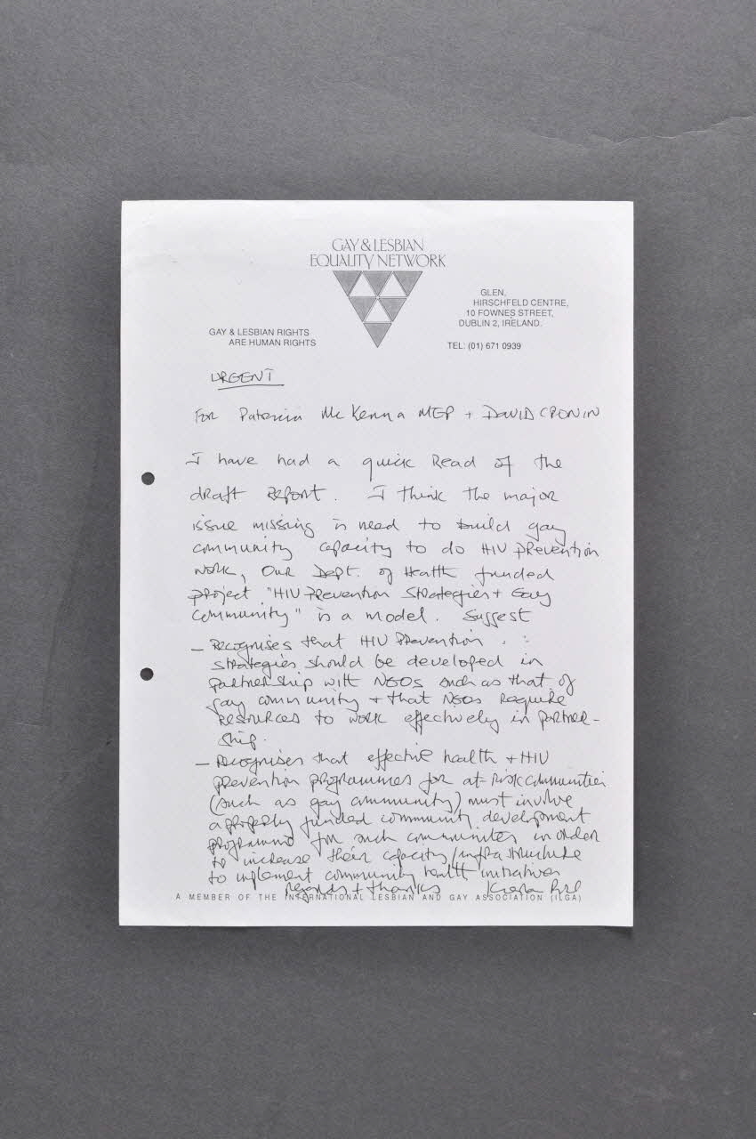 Gay And Lesbian Equality Network (Glen) lettre Lettre de Keiran Rose, président de l'association au sujet de la prévention du sida chez les homosexuels Irlande 1995 2005.182.43 Photo Mucem