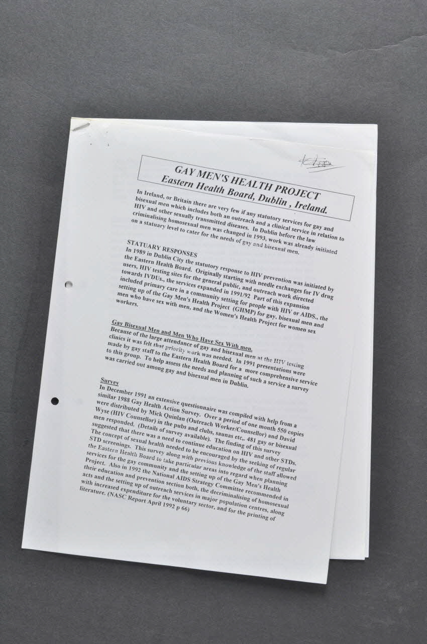 Gay Men's Health Project Rapport "Gay men's health project. Eastern Health Board, Dublin" (Projet de santé pour les hommes gay) Irlande 1993/12 2005.182.44 Photo Mucem