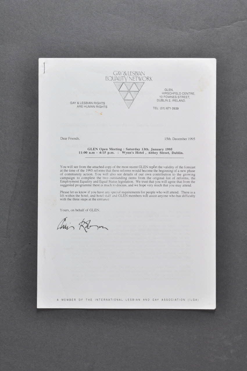 Gay & Lesbien Equality Network lettre Lettre d'invitation et programme de la réunion de l'association (13 janvier 1995) Irlande 1995/12/15 2005.182.6 Photo Mucem