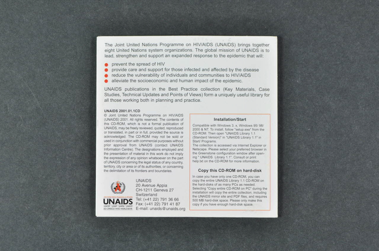 Onusida CD (compact disque) CD Unaids library of current documents Bibliothèque des documents de l'ONUSIDA) Lorraine, France 2001 2004.206.6.1-2 Photo Mucem