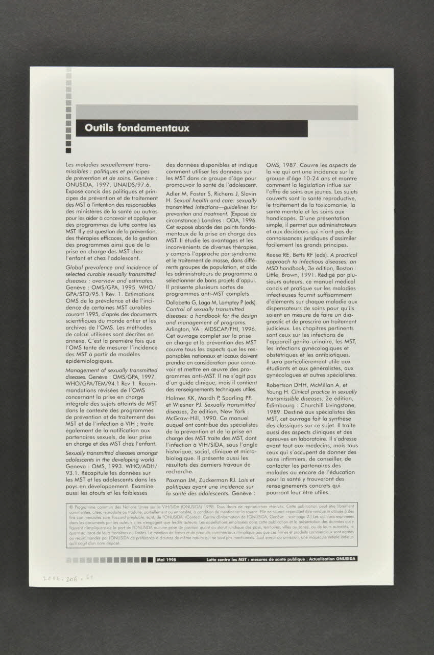 Onusida BROCHURE "Lutte contre les MST : mesures de santé publique" Lorraine, France 1998/5 2004.206.61 Photo Mucem