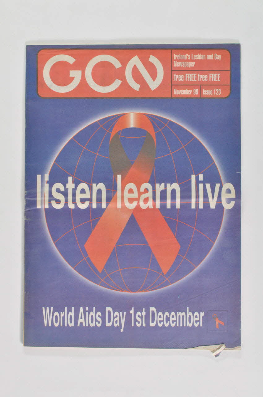 Revue Gcn revue "GCN", Novembre 1999, n° 123 : "World Aids Day 1st december. Listen, learn, live" (Journée mondiale du sida, Ecouter, apprendre, vivre) Irlande 1999/11 2005.182.67 Photo Mucem