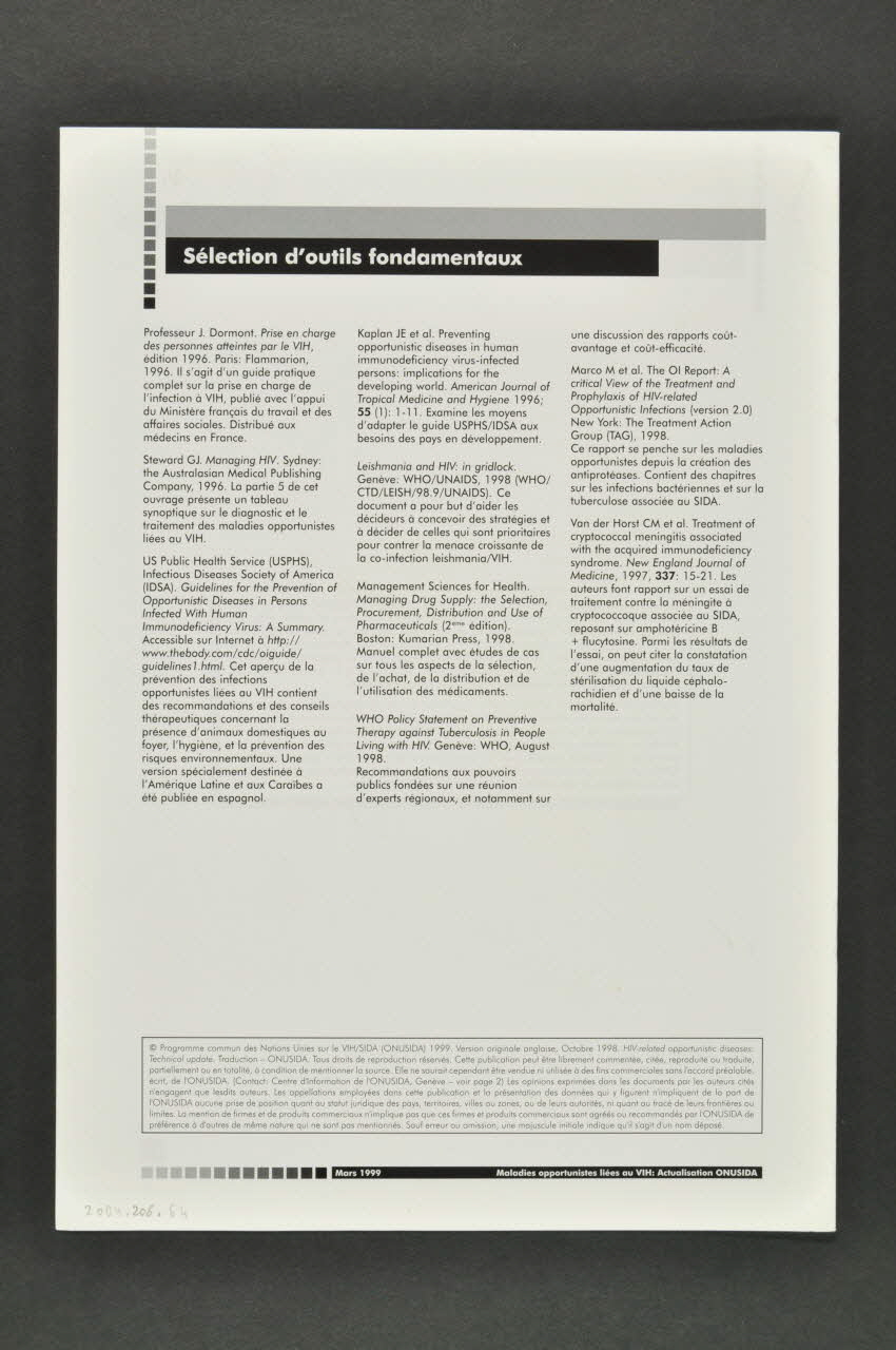 Onusida BROCHURE " Maladies opportunistes liées au VIH" Lorraine, France 1999/3 2004.206.64  Photo Mucem
