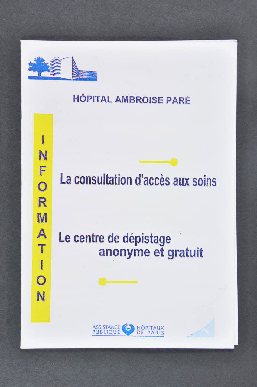 Aphp Dépliant "Hôpital Ambroise Paré. La consultation d'accès aux soins. Le centre de dépistage anonyme et gratuit." Île-de-France, France 2004 2004.207.106 Photo Mucem
