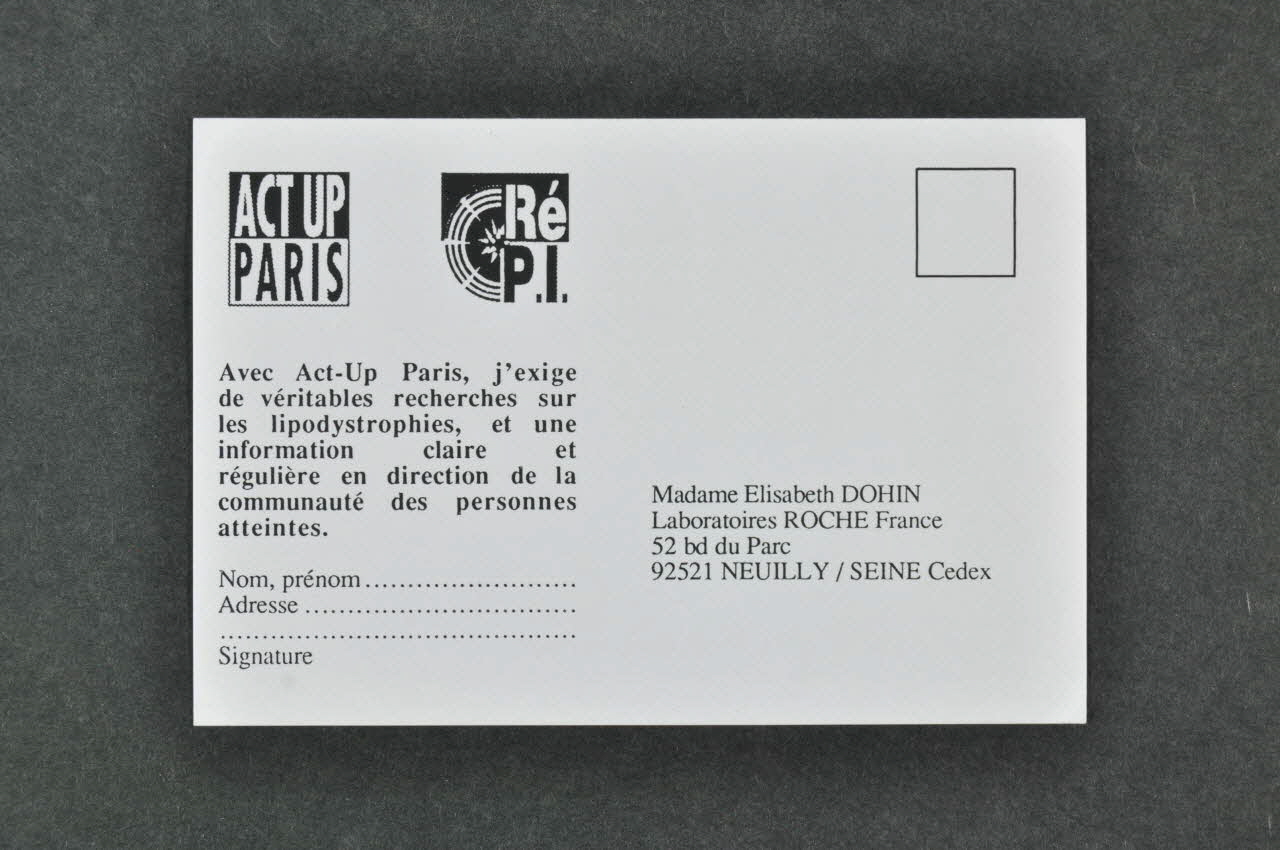 carte postale "Avec Act Up Paris, j'exige de véritables recherches sur les lipodystrophies..." 2003.125.466 Photo Mucem