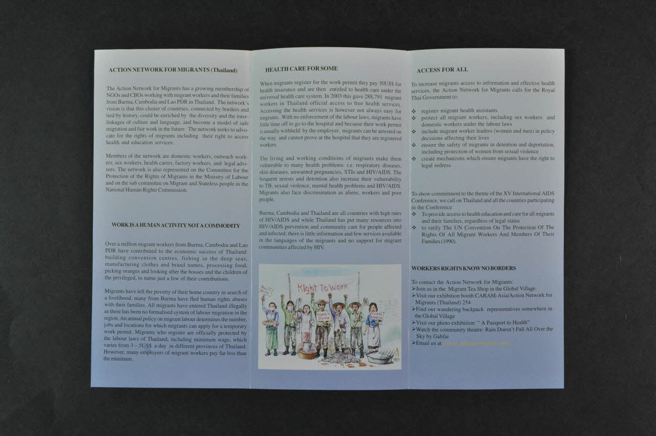 Action Network For Migrants, Thailande Dépliant "Working for safe migration and fair work in Thailand" (Travailler pour une migration "safe" et un travail juste en Thailande) International 2004 2004.207.121 Photo Mucem