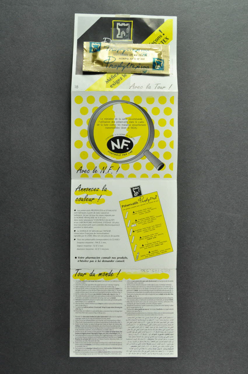 Emballage de préservatif "Prophyltex. Préservatifs fins. Méfiez-vous des contrefaçons ! exigez le véritable Prophyltex. Avec la Tour / Gratuit 2003.125.530 Photo Mucem