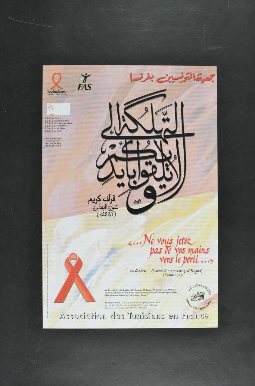 Association des Tunisiens en France (ATF) affiche "Ne vous jetez pas de vos mains vers le péril..." (Le Coran) France 2001 2005.190.5 Photo Mucem