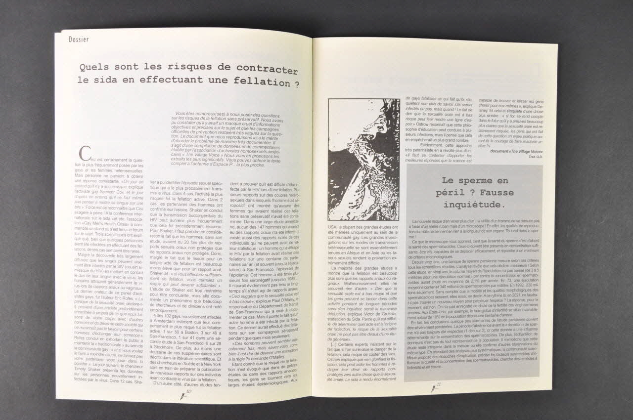 Plate Forme Prévention Sida, Espace P revue Espace , n° 16, septembre 1997 / Dossier  "Quels sont les risques de contracter le sida en effectuant une fellation ?" Belgique 1997 2005.191.3 Photo Mucem