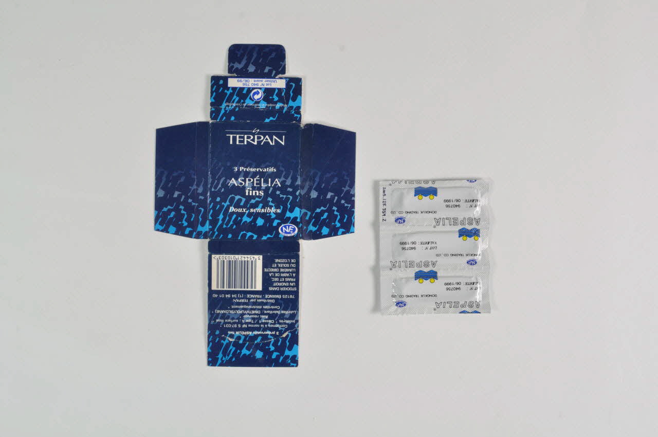 Aspelia / Terpan Emballage de préservatif "Terpan 3 préservatifs ASPELIA fins" France 1999 2003.125.559.1-2 Photo Mucem