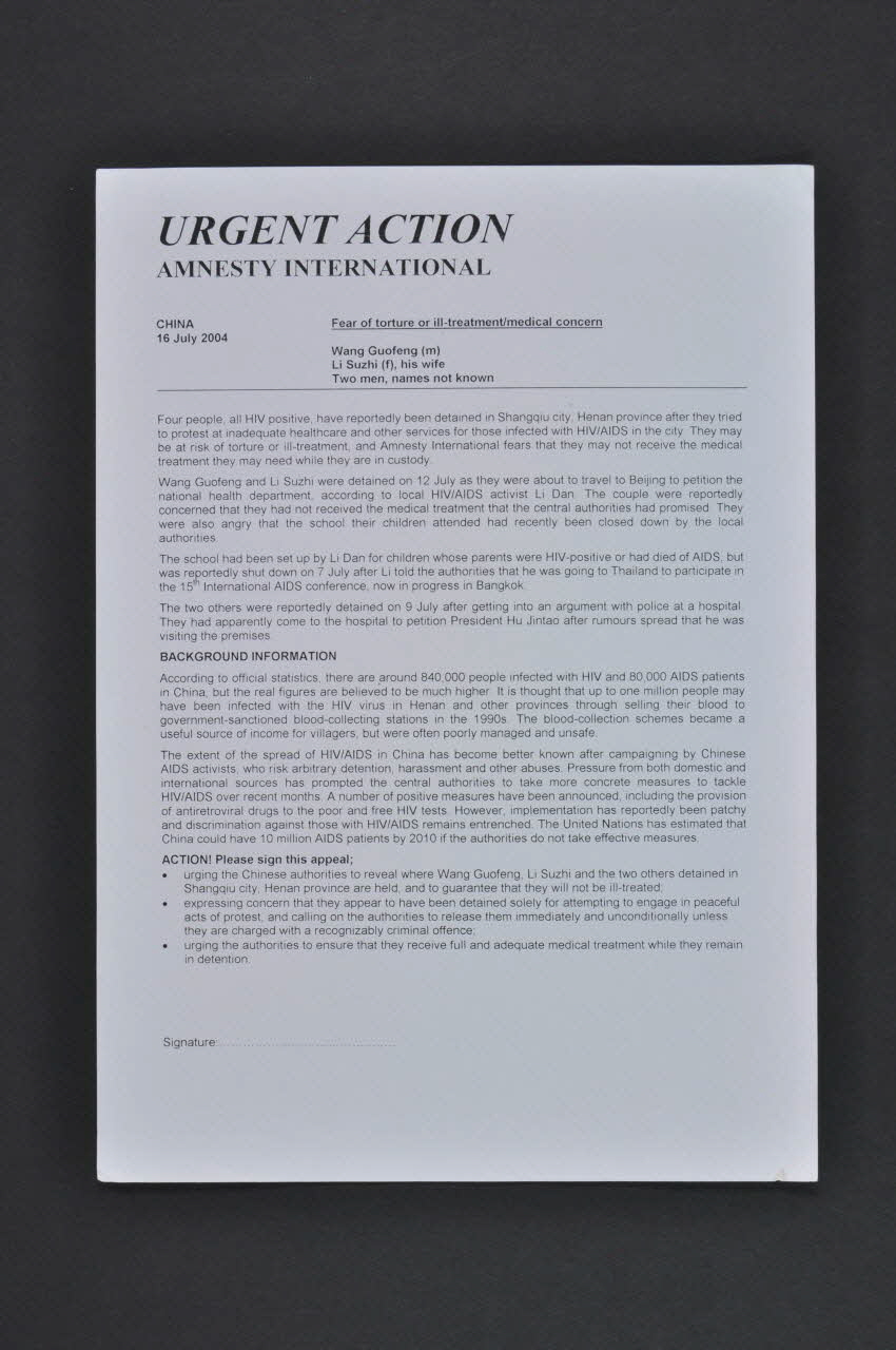 Amnisty International tract "Urgent action" International 2004/7 2004.207.167 Photo Mucem