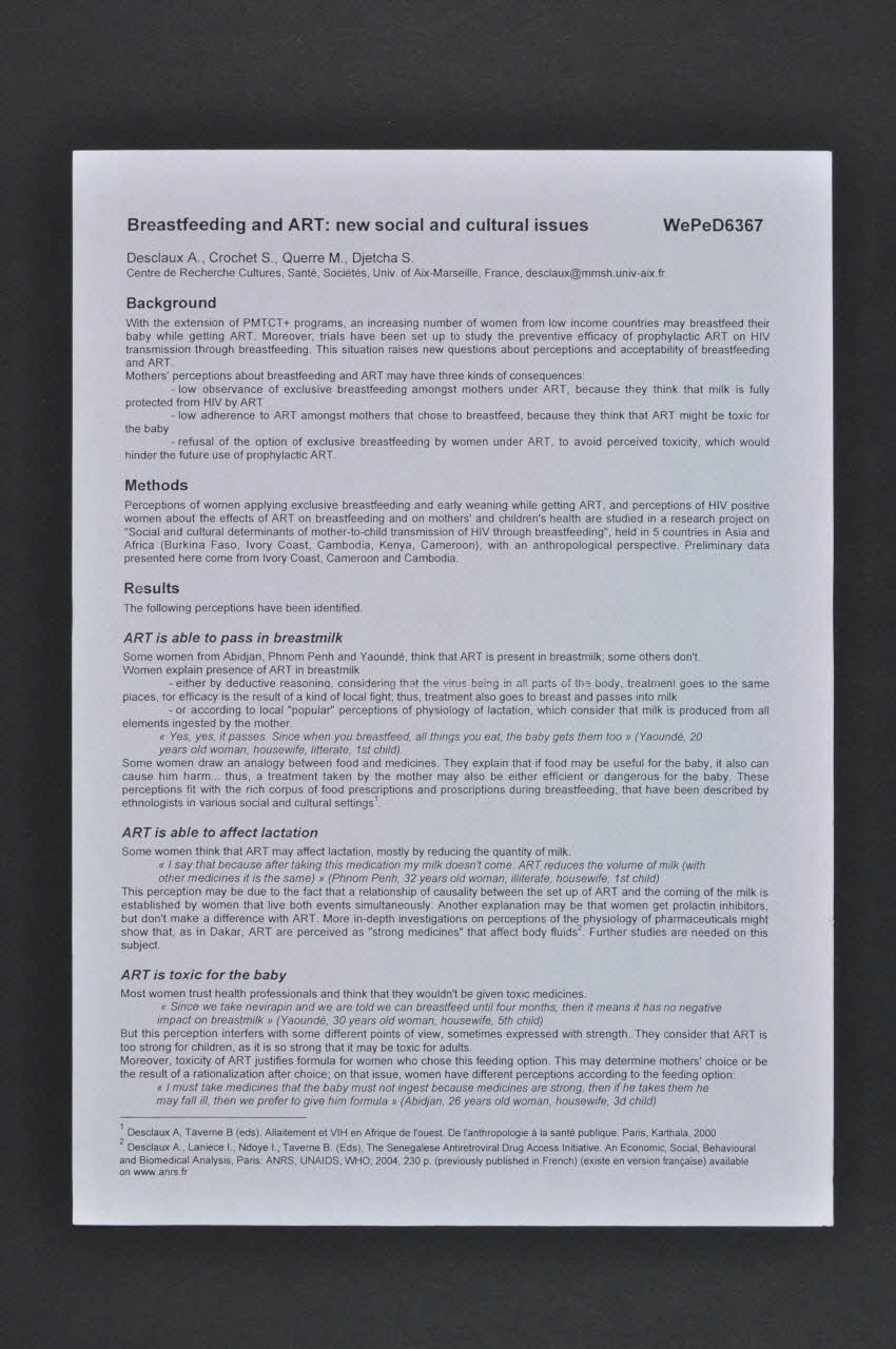 Université Aix Marseille Tiré à part Breastfeeding and ART : new social and cultural issue" (Allaitement au sein et antirétroviraux : nouvelles questions sociales et culturelles) France 2004 2004.207.173 Photo Mucem