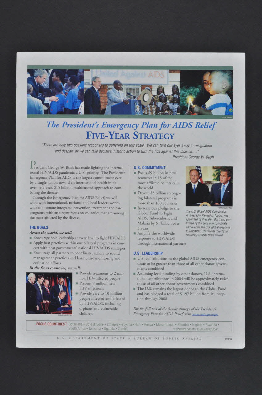 The President's Emergency Plan For Aids Relief prospectus "The President's emergency plan for AIDS Relief . Five-year strategy" (Le plan d'urgence du plan du président sur le Sida. Stratégie sur 5 ans) International 2004/7 2004.207.176 Photo Mucem