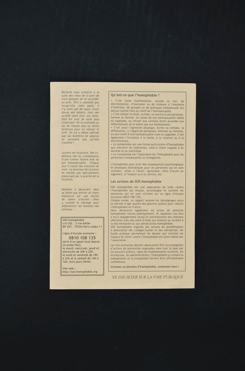 Sos Homophobie tract "Luttons contre l'homophobie" France 2005 2005.197.12 Photo Mucem