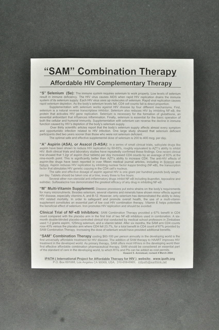 Ipath (International Project For Affordable prospectus "SAM" Combination therapy. Afforfable HIV Complemantary Therapy (Traitement combiné SAM. Traitement complémentaire du VIH bon marché) International 2004/7 2004.207.208 Photo Mucem