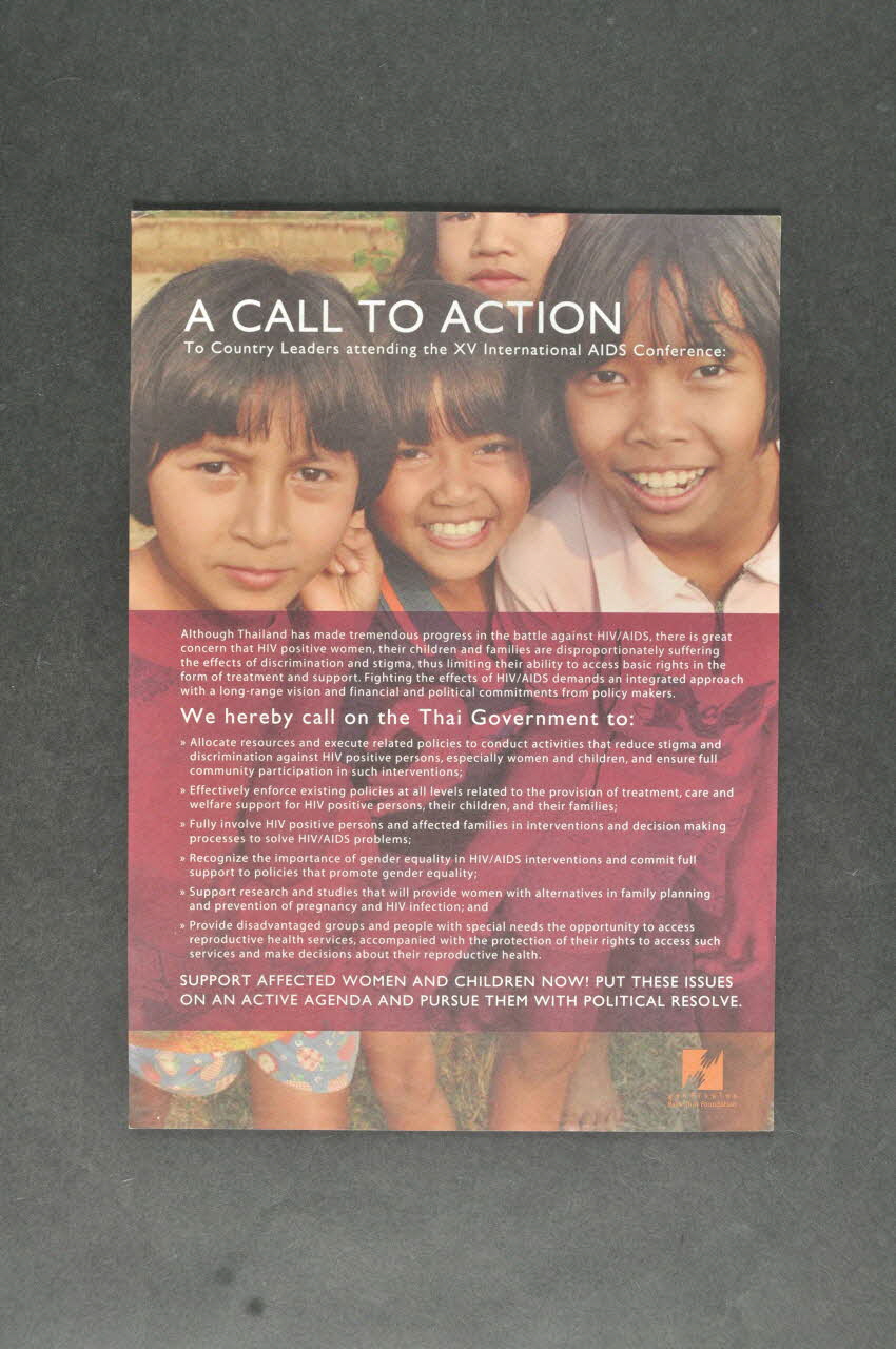 Raks Thai Foundation tract "A call to action to country leaders attending the XV International AIDS Conference" (Appel à l'action aux leaders assistant à la XVème conférence internationale du sida) International 2004 2004.207.210 Photo Mucem