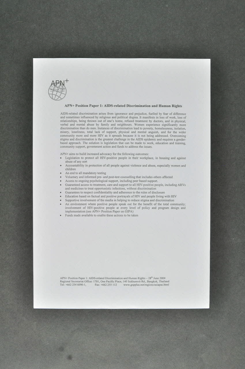 Gnp + tract "APN+ Position Paper 1. Aids-related Discrimination and Human Rights" (Discrimination liée au sida et droits humains) International 2004/7 2004.207.216 Photo Mucem