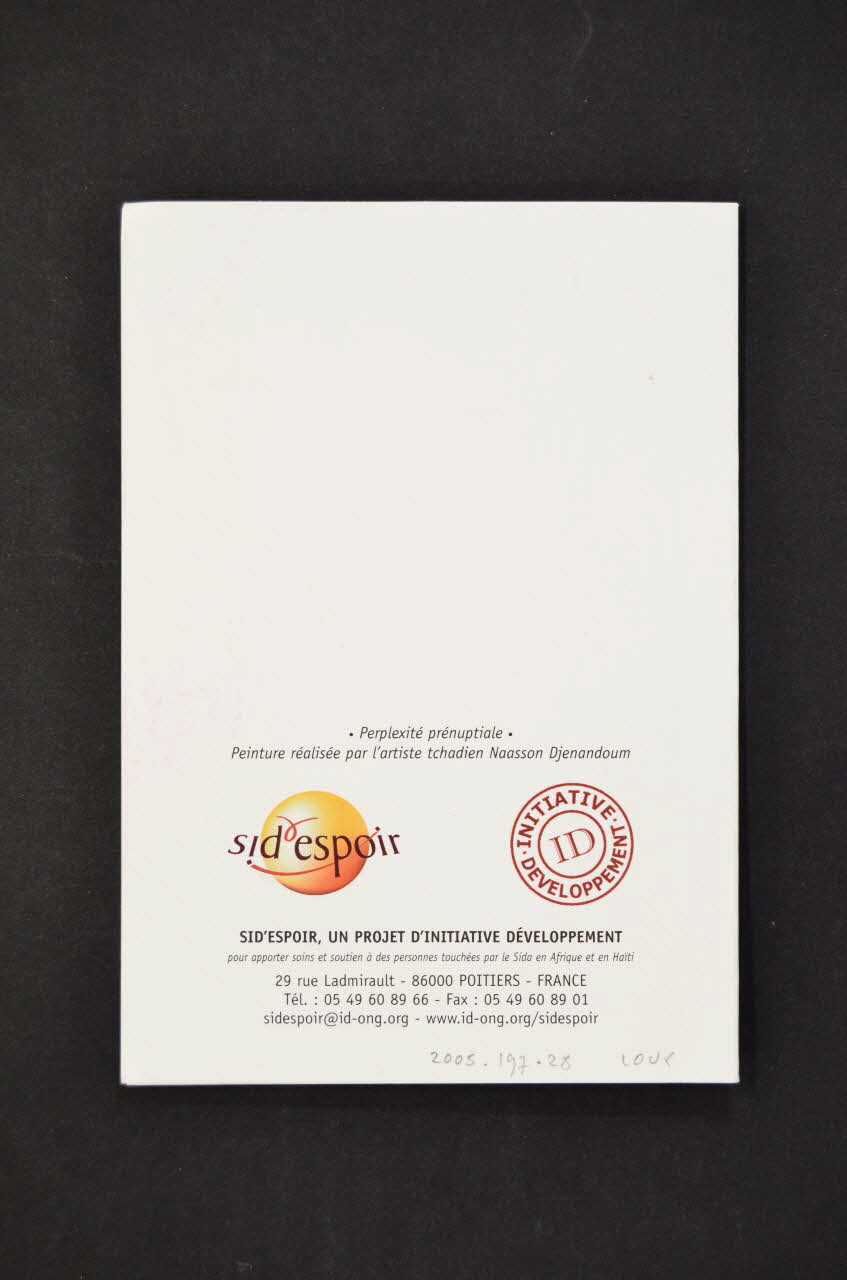 Sid'espoir carte postale "Perplexité prénuptiale. Peinture réaisée par l'artiste tchadien Naasson Djenandoum Poitou-Charentes, France 2005 2005.197.28 Photo Mucem