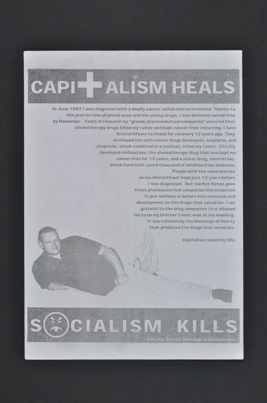 A Public Service Message Of Bureaucrash tract "Capitalism heals, socialism kills" (Le capitalisme soigne, le socialisme tue) International 2004/7 2004.207.219 Photo Mucem