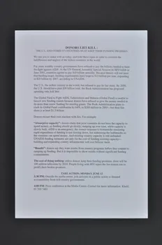tract "Donors lies kill. The U.S and other G7 countries must keep their funding promises" (Les mensonges des donateurs tuent. Les USA et les autres pays membres du G7 doivent tenir leurs promesses de financement) International 2004/7 2004.207.220  Photo Mucem