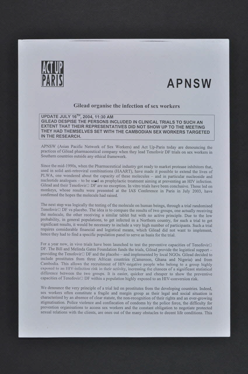 Act Up-Paris Et Asian Pacific Networkk Of Sex tract "Gilead organise the infection of sex workers" (Gilead organise l'infection des travailleurs du sexe) International 2004 2004.207.224 Photo Mucem
