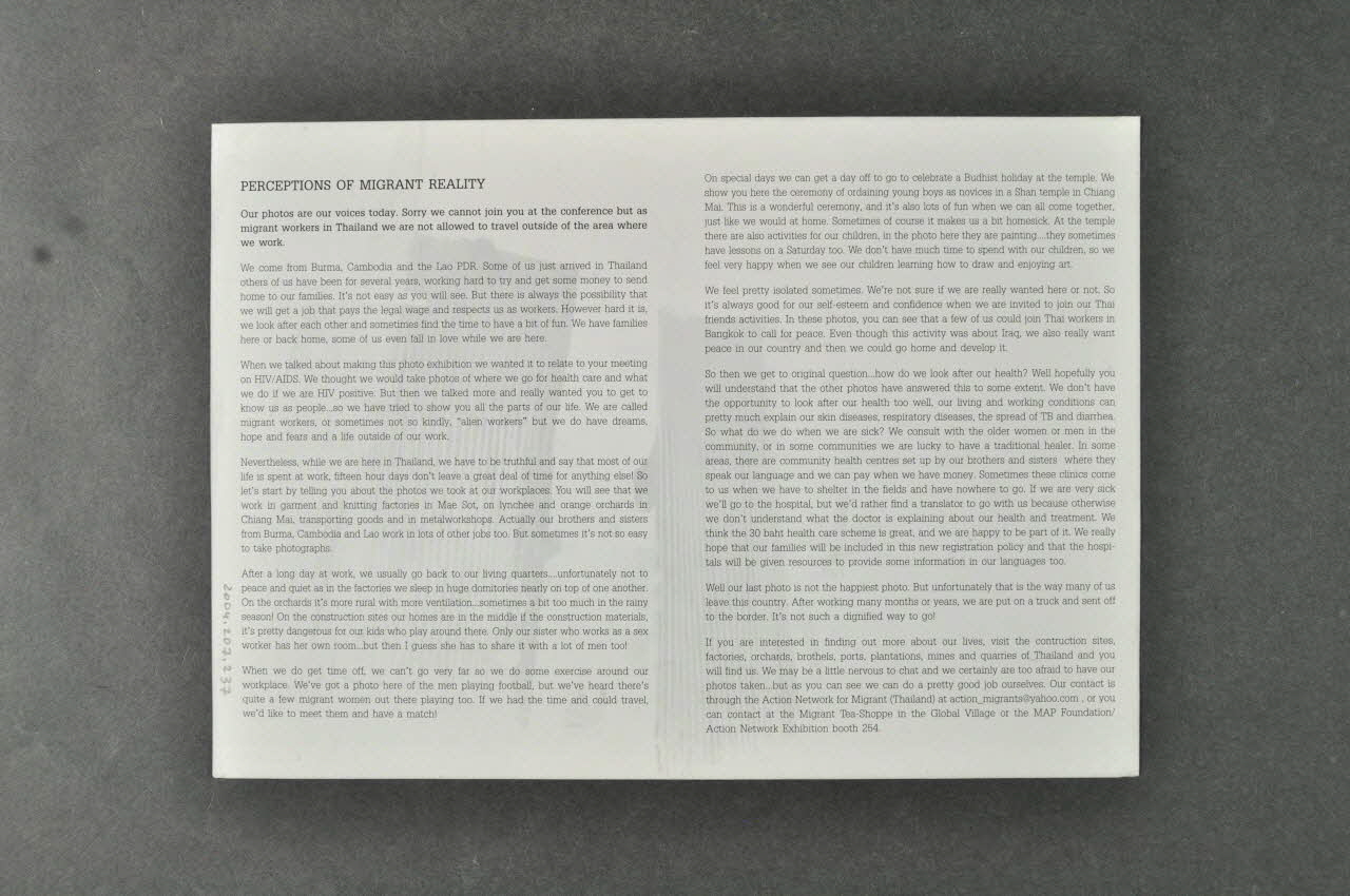 Action Network For Migrants, Thailande tract "Perceptions of Migrant Reality" (Perception de la réalité migrante) International 2004 2004.207.237 Photo Mucem