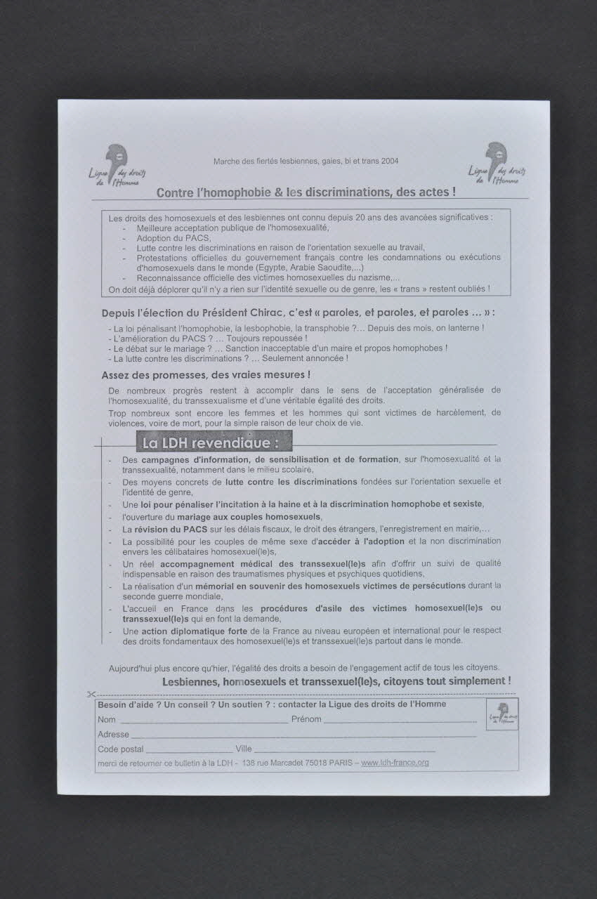 Ligue des Droits de l'Homme. France tract Contre l'homphobie et les discriminations, des actes France 2004 2004.207.247 Photo Mucem
