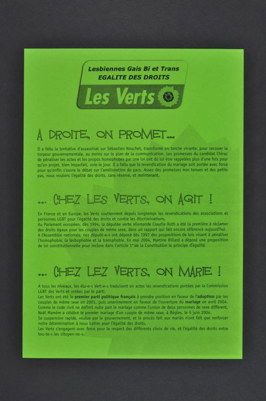 Les Verts tract Lesbiennes Gais Bi et Trans. Egalité des droits France 2004 2004.207.250 Photo Mucem