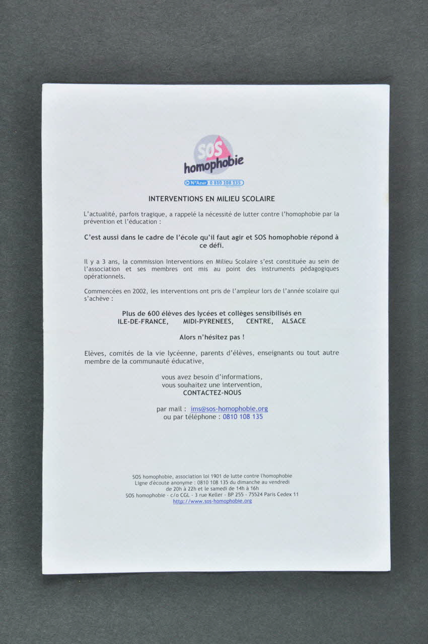 Sos Homophobie tract Interventions en milieu scolaire France 2004 2004.207.252 Photo Mucem