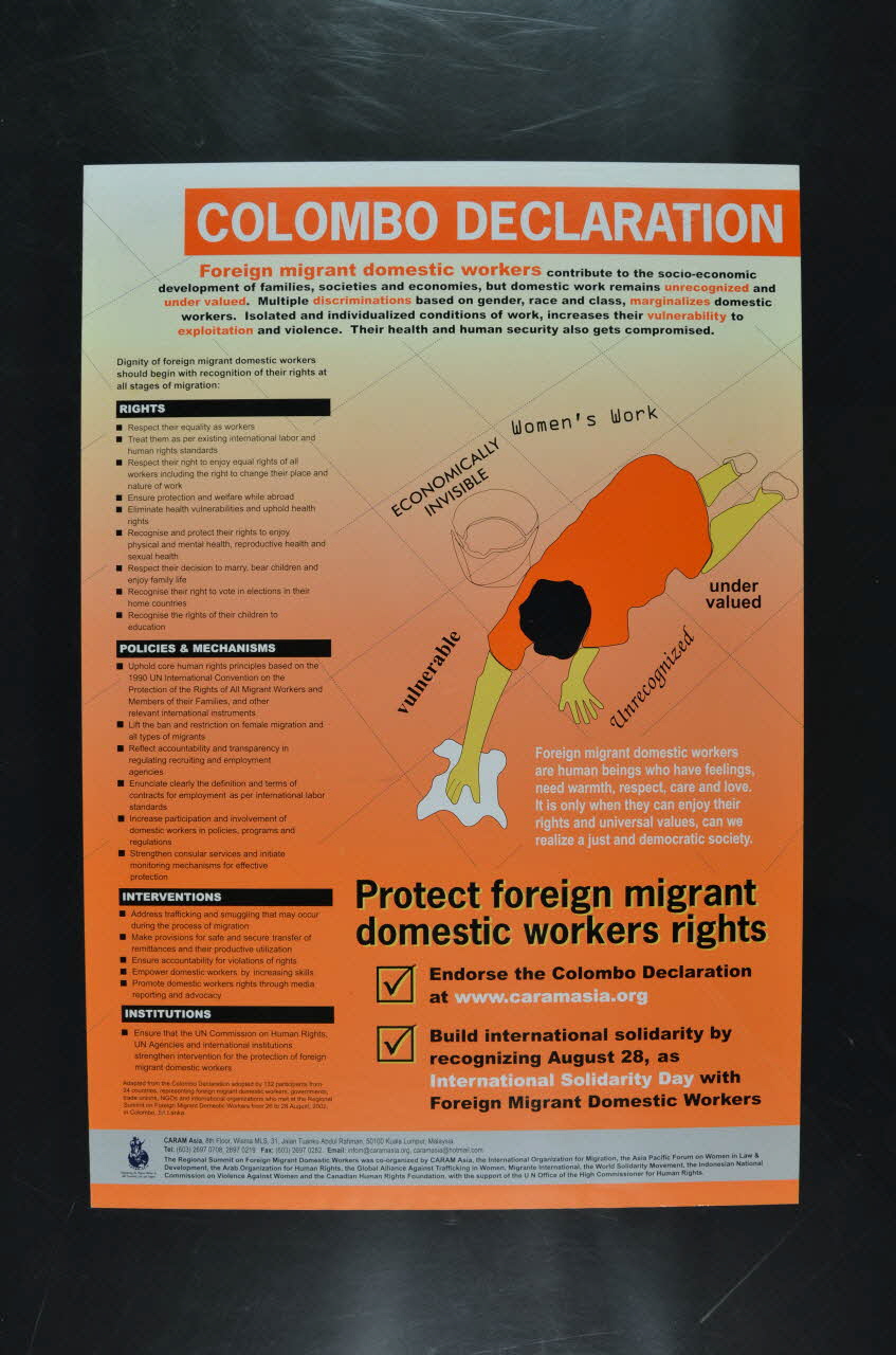 Caram Asia affiche "Colombo declaration : Protect foreign migrants domestic workers rights" (La déclaration de Colombo : Protégez les droits des travailleurs domestiques migrants étrangers) International 2002/8 2004.207.4 Photo Mucem
