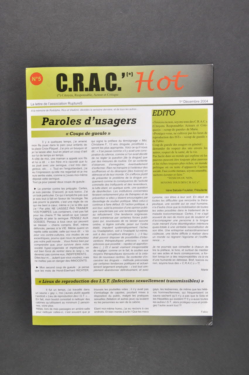 Association Ruptures Lettre d'information "CRAC Hot", n° 5, 1er décembre 2004 / Citoyen, Responsable, Acteur et Critique France 2004 2005.197.67  Photo Mucem