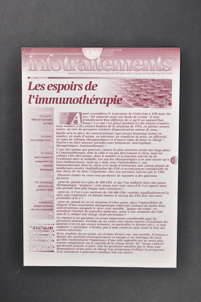 Actions Traitements Bulletin associatif "Infotraitements", n° 136, mai 2005 : "Les espoirs de l'immunothérapie" France 2005/5 2005.197.70 Photo Mucem