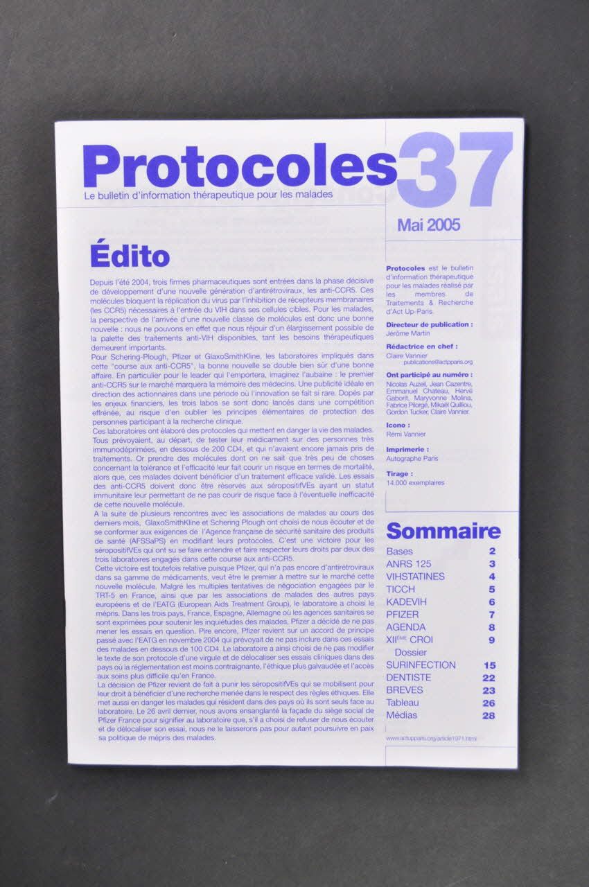 Act Up-Paris Bulletin associatif Protocoles. le bulletin d'information thérapeutique pour les malades France 2005/5 2005.197.77 Photo Mucem