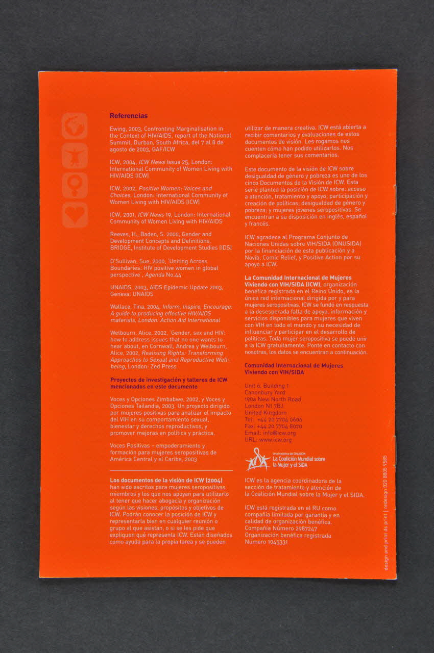 Comunidad Internacional De Mujeres Viviendo Con BROCHURE "La vision de ICW. 3. Mujeres seropositivas, pobreza y desigualdad de genero" (Femmes séropositives, pauvreté et inégalités de genre) International 2004 2004.207.52 Photo Mucem