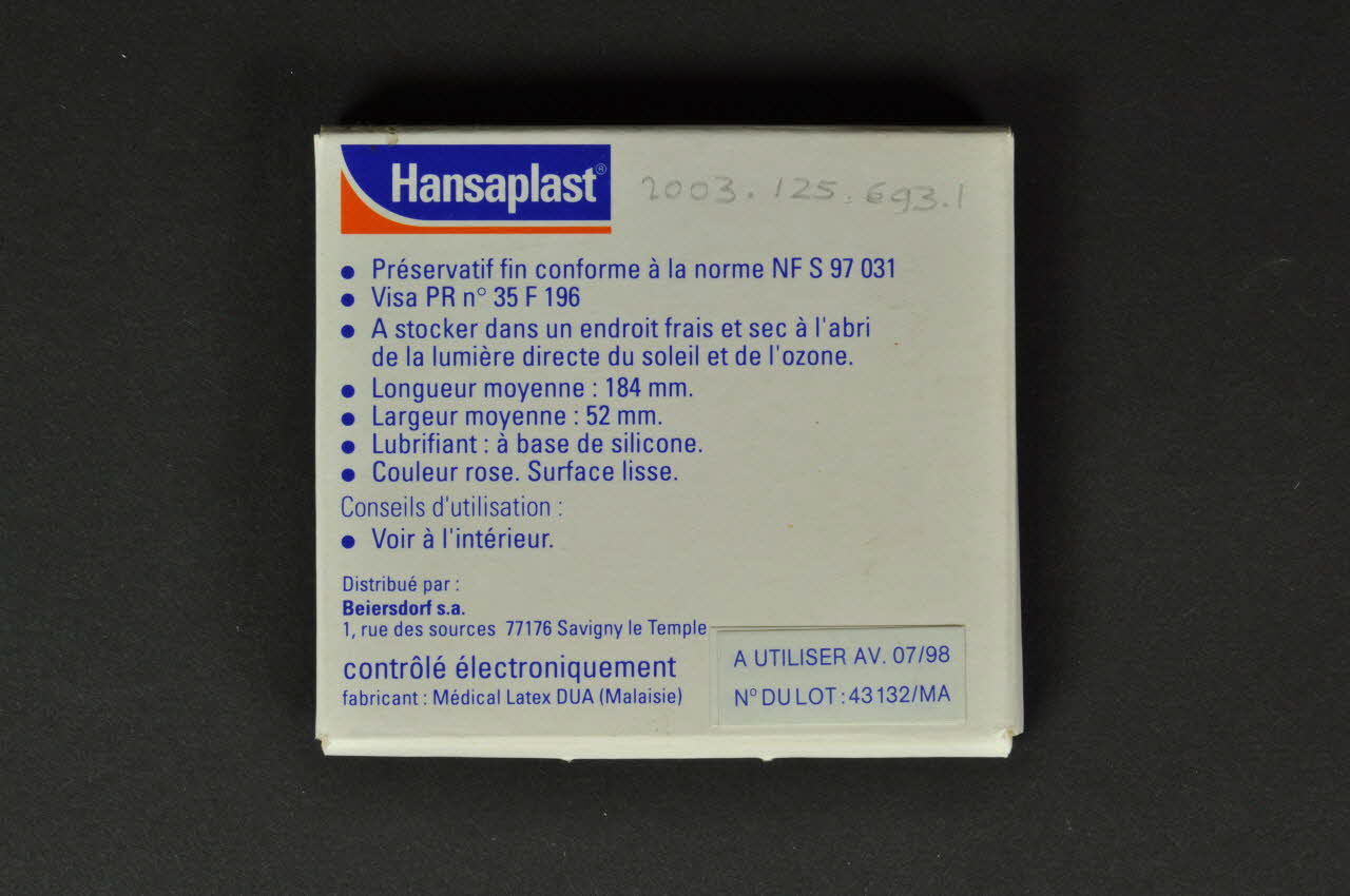 Hansaplast Emballage de préservatif "Préservatifs. Echantillon gratuit de 2 unités" France 1998 2003.125.693.1-2 Photo Mucem