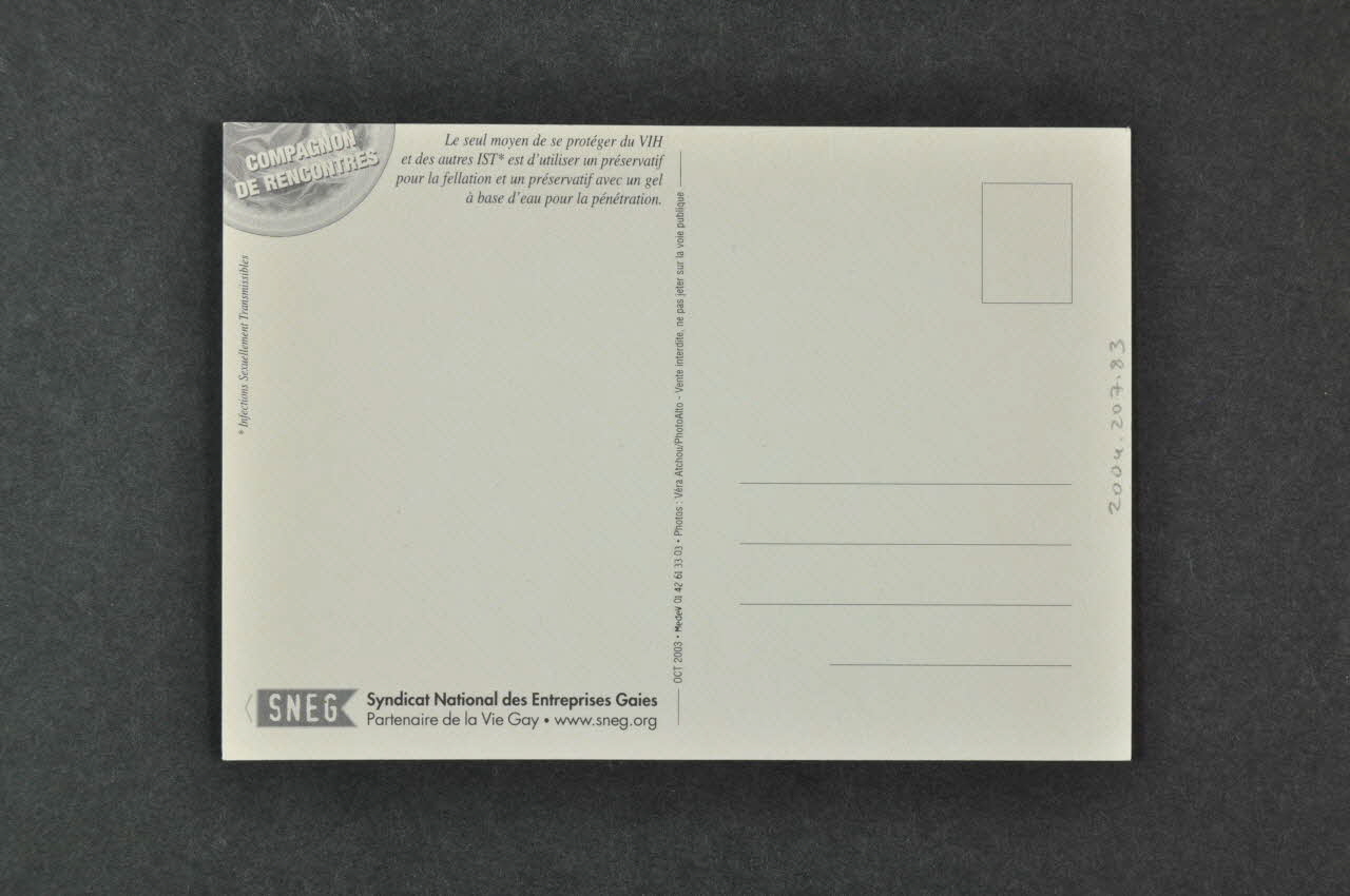 SNEG (Syndicat National des Entreprises Gaies) carte postale "Fantasme n° 3. Bien l'enfiler à chaque fois." France 2003/10 2004.207.83 Photo Mucem