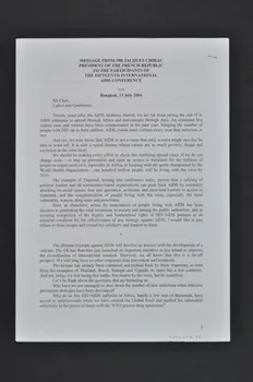 Stop Tb Communiqué de presse MESSAGE DE MONSIEUR JACQUES CHIRAC PRÉSIDENT DE LA RÉPUBLIQUE AUX PARTICIPANTS A LA QUINZIEME CONFÉRENCE INTERNATIONALE SUR LE SIDA International 2004/7 2004.207.98  Photo Mucem