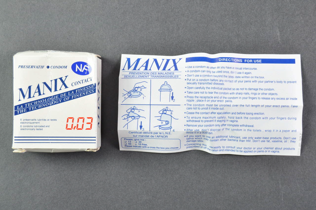 Manix; boîte Emballage de 6 préservatifs Manix Contact . La technologie de la finesse (avec notice, sans préservatifs) France 1997 2003.125.769.1-2 Photo Mucem