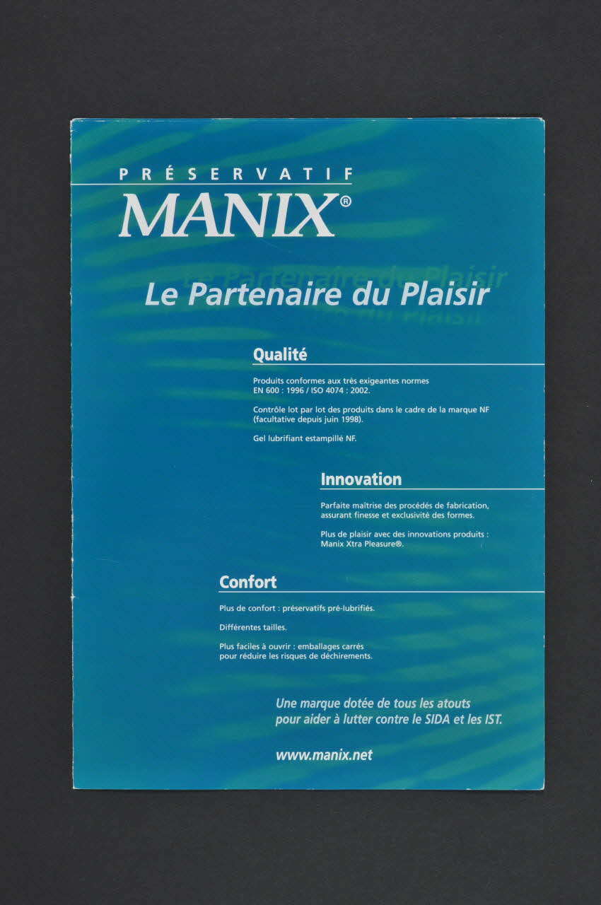 Manix; Dépliant Préservatif Manix. Le partenaire du plaisir France 2003/12 2004.210.1 Photo Mucem