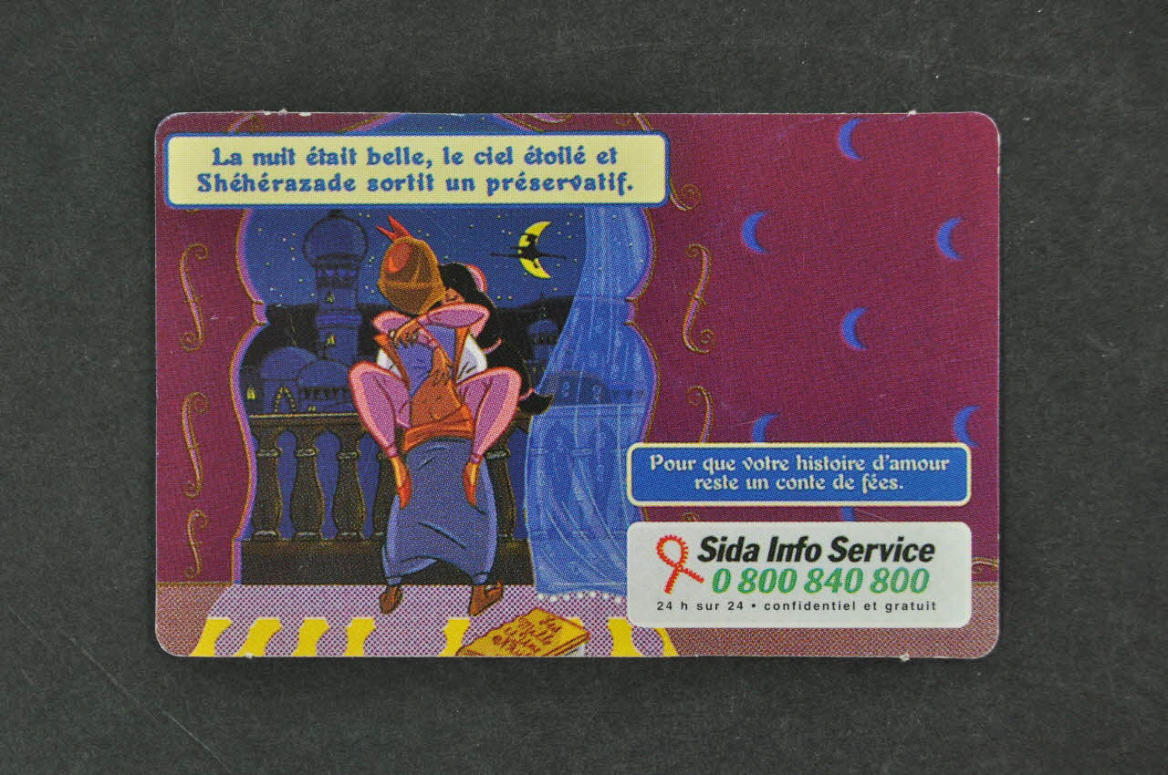 Sida Info Service - Ligne Azur carte "La nuit était belle, le ciel étoilé et Shéhérazade sortit un préservatif" / "Pour que votre histoire d'amour reste un conte de fées" France 1999 2003.129.57 Photo Mucem