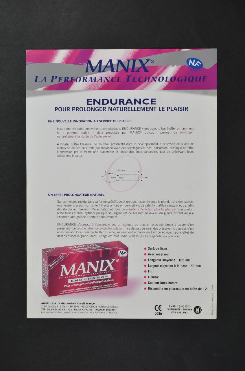 Manix; prospectus "Manix. La performance technologique. Endurance. pour protéger naturellement le plaisir. France 2002/2 2004.210.4 Photo Mucem