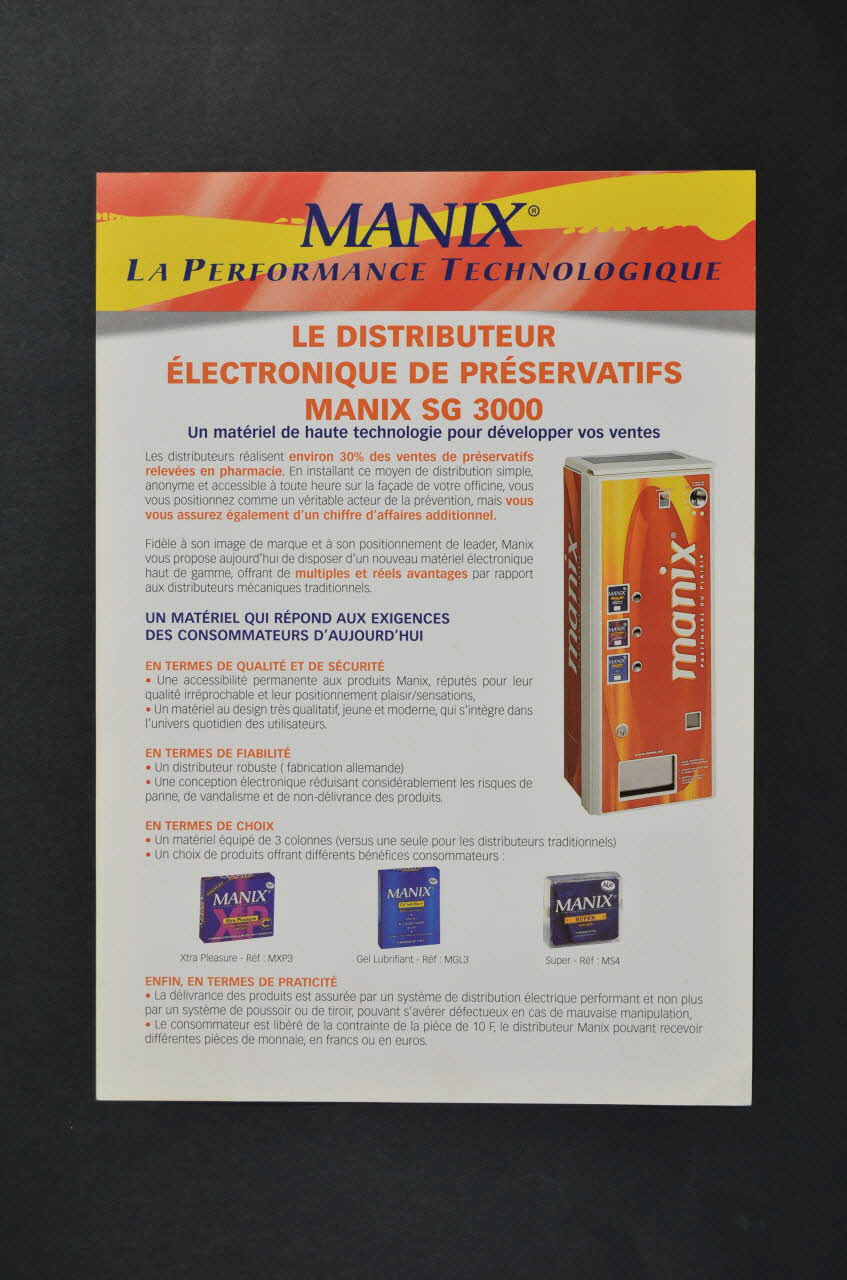 Manix; prospectus "Le distributeur électronique de préservatifs Manix SG 3000" France 2001/1 2004.210.5 Photo Mucem