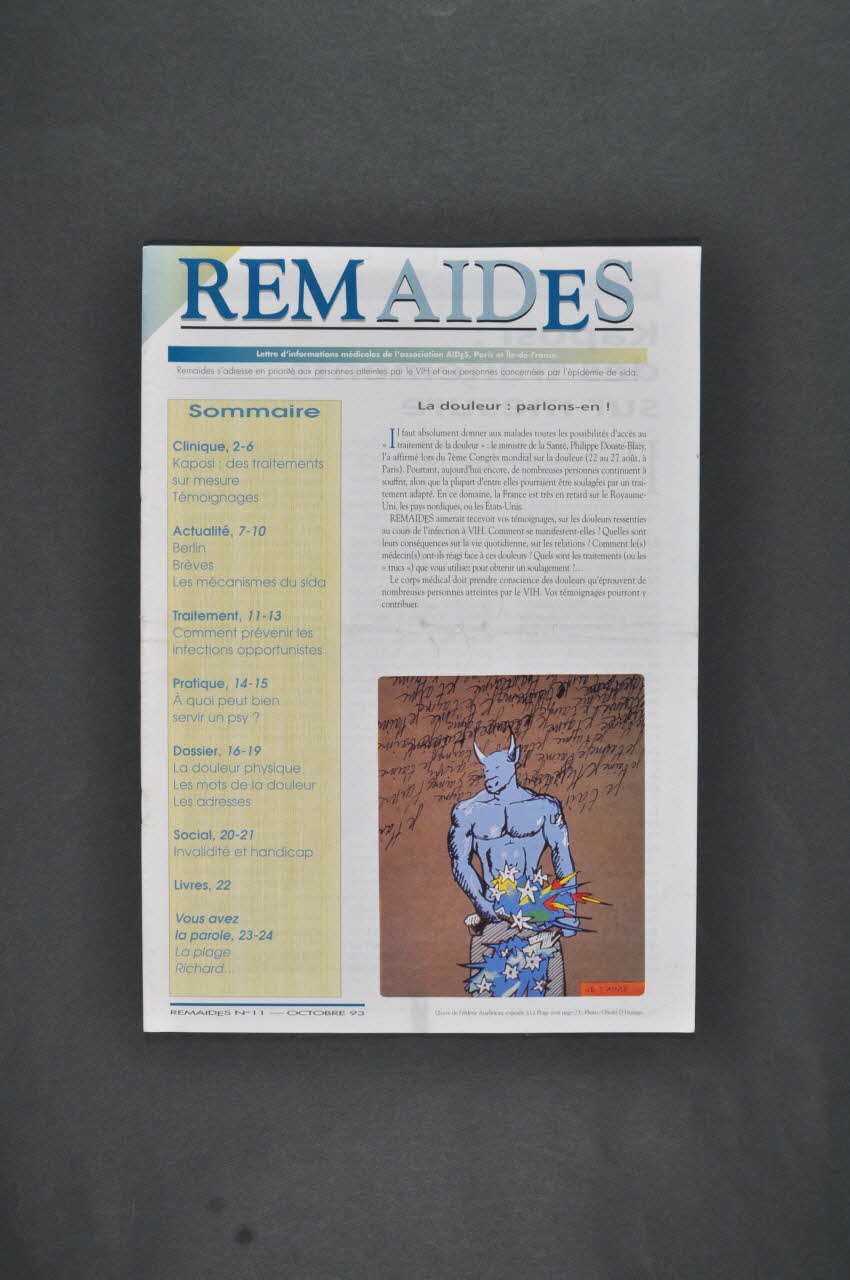 AIDES Revue associative "REMAIDES, n° 11,  octobre 1993 : La douleur : parlons-en France 1993/10 2003.130.18 Photo Mucem