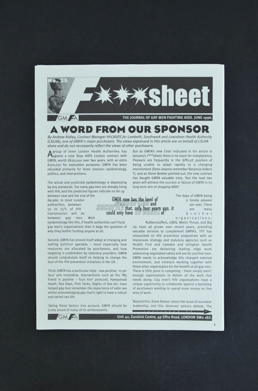Gay Men Fighting Aids Journal associatif "A word from our sponsor" (Un mot de notre sponsor) Grande Bretagne 1996/2 2003.131.16.1-2 Photo Mucem