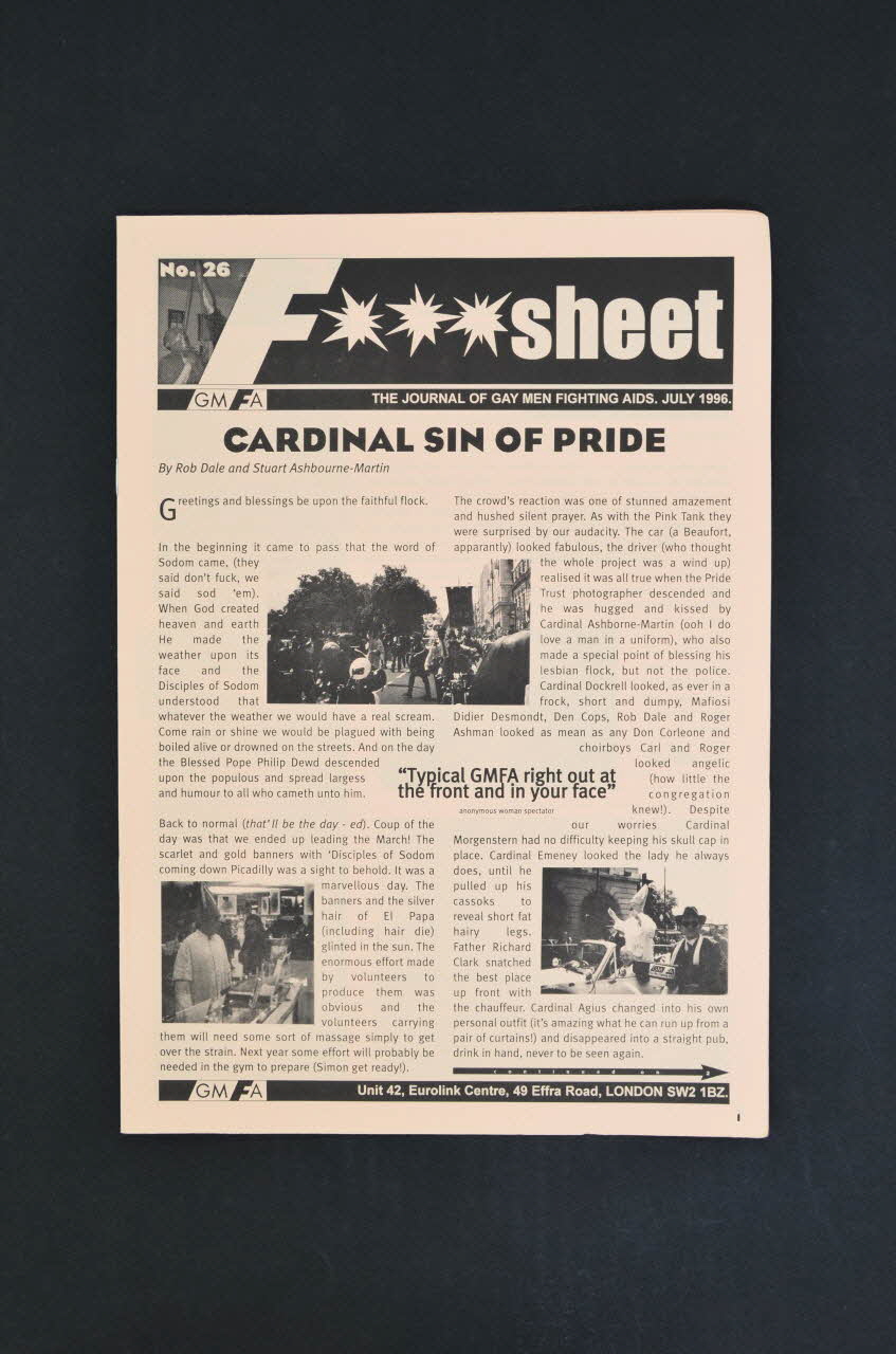 Gay Men Fighting Aids Journal associatif "Cardinal sin of pride" (Péché cardinal de fierté) Grande Bretagne 1996/7 2003.131.17 Photo Mucem