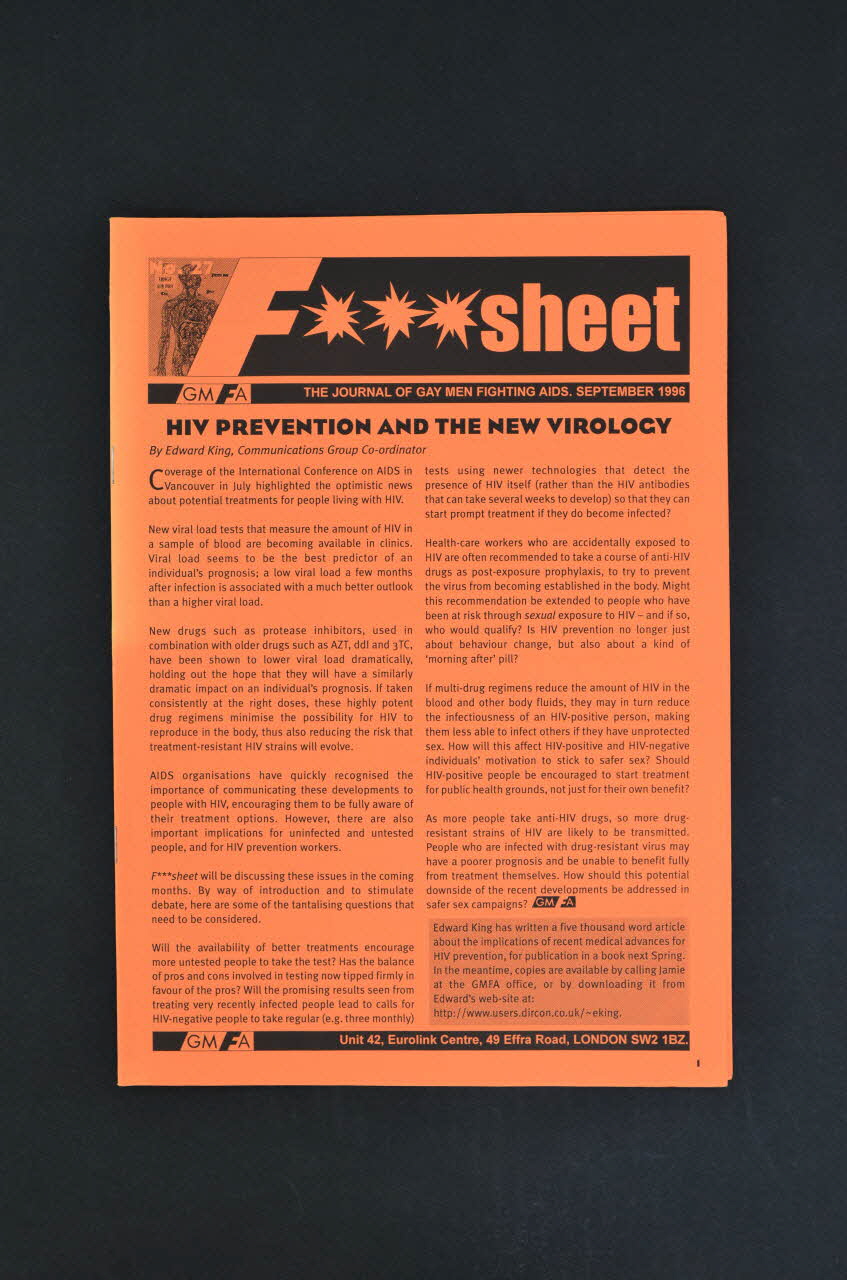 Gay Men Fighting Aids Journal associatif "HIV prevention and the new virology" (Prévention du VIH et virologie nouvelle) Grande Bretagne 1996/9 2003.131.18 Photo Mucem
