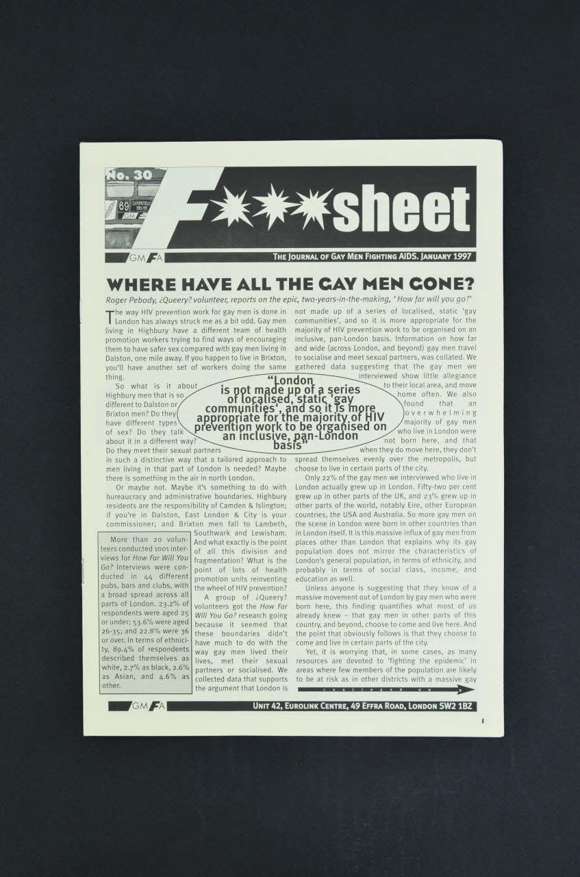 Gay Men Fighting Aids Journal associatif "Where have all the gay men come?" (Où vont tous les hommes gays ?" Grande Bretagne 1997/1 2003.131.19 Photo Mucem