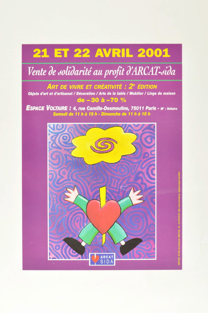 Association pour la Recherche, la Communication et les Actions pour l'Accès aux Traitements (ARCAT) affiche "21 et 22 avril 2001. Vente de solidarité au profit d'ARCAT-sida" France 2001 2005.253.22 Photo Mucem