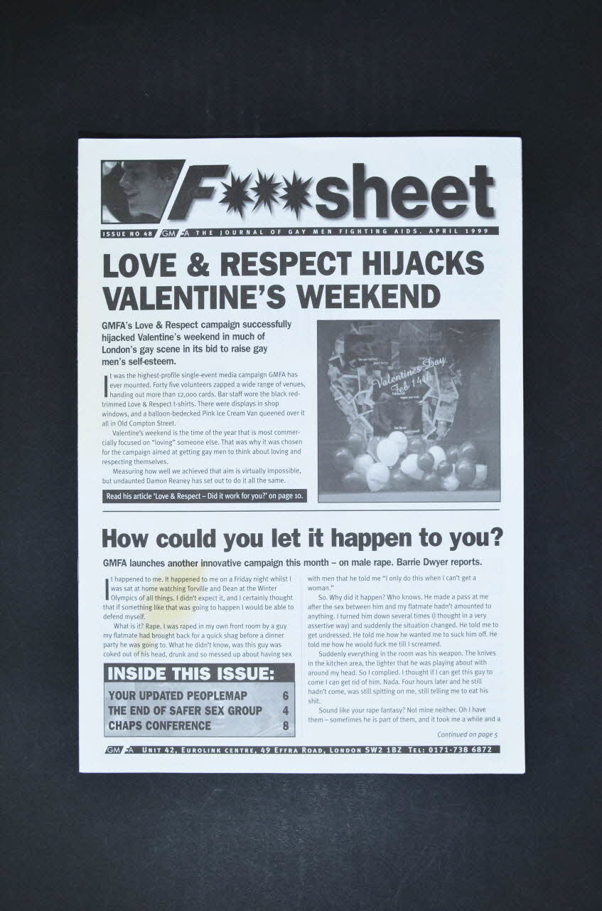 Gay Men Fighting Aids Journal associatif "Love & respect Hijacks valentine's weekend" (Sur la campagne Love and respect pour le week end de la St Valentin) Grande Bretagne 1999/4 2003.131.36 Photo Mucem